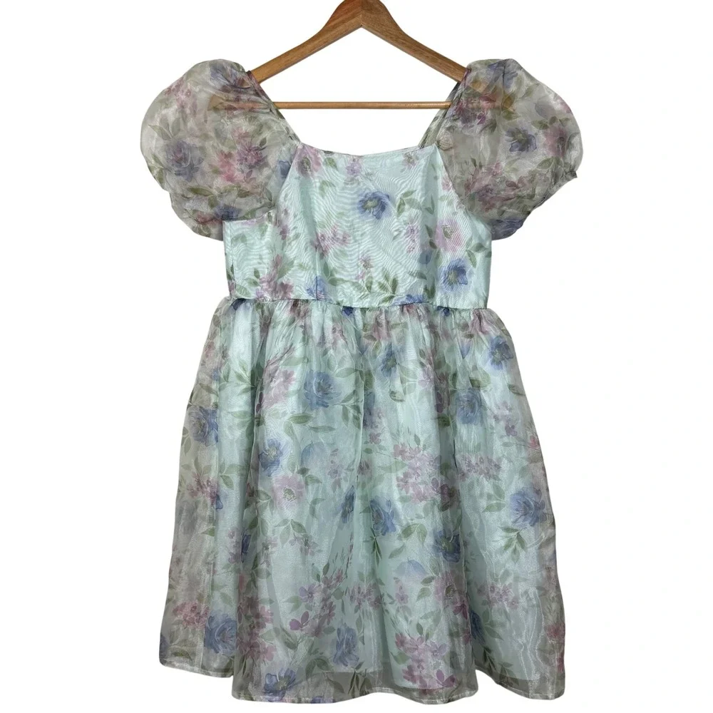 Zunie Girls Puff Sleeve Floral Square Neck‎ Dress Size 16 Sheer Lined Fairy
